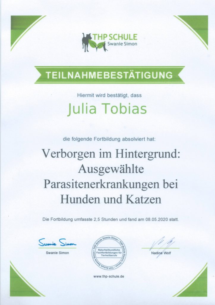 Ernährungsberaterin - Parasitenerkrankungen bei Hund und Katze Zertifikat - Julia Tobias