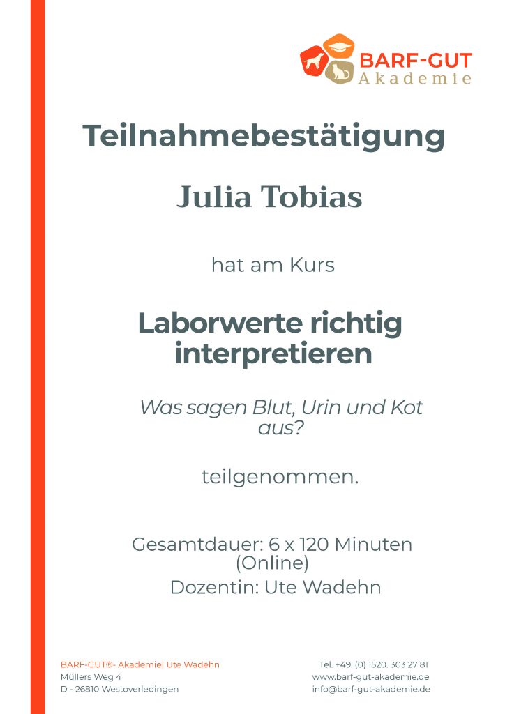 Ernährungsberaterin - Laborwerte richtig interpretieren Zertifikat - Julia Tobias