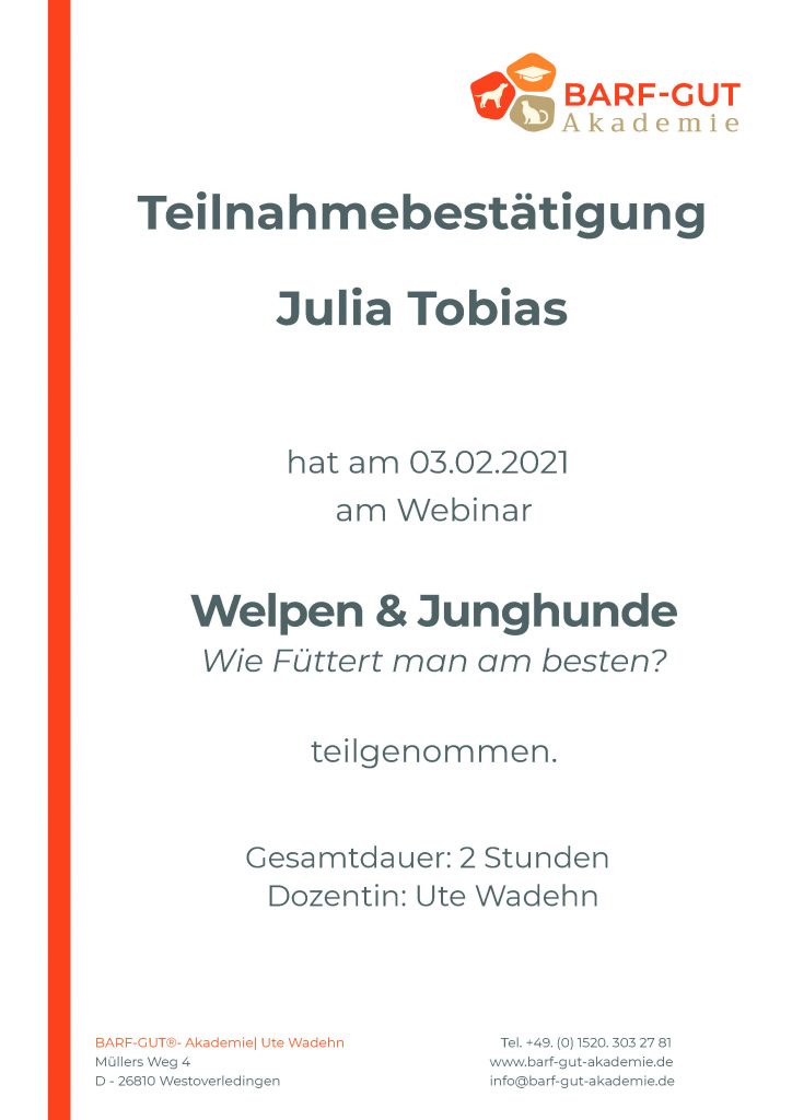 Ernährungsberaterin - Welpen und junge Hunde füttern Zertifikat - Julia Tobias